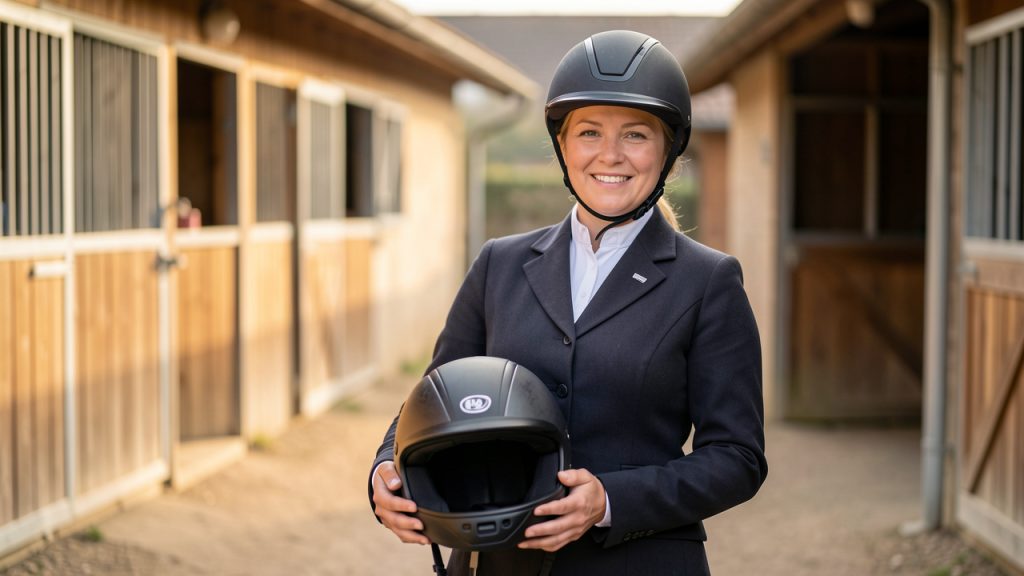 Une cavalière équipée tient son casque devant l’entrée d’un centre équestre, dans une ambiance rassurante et professionnelle.