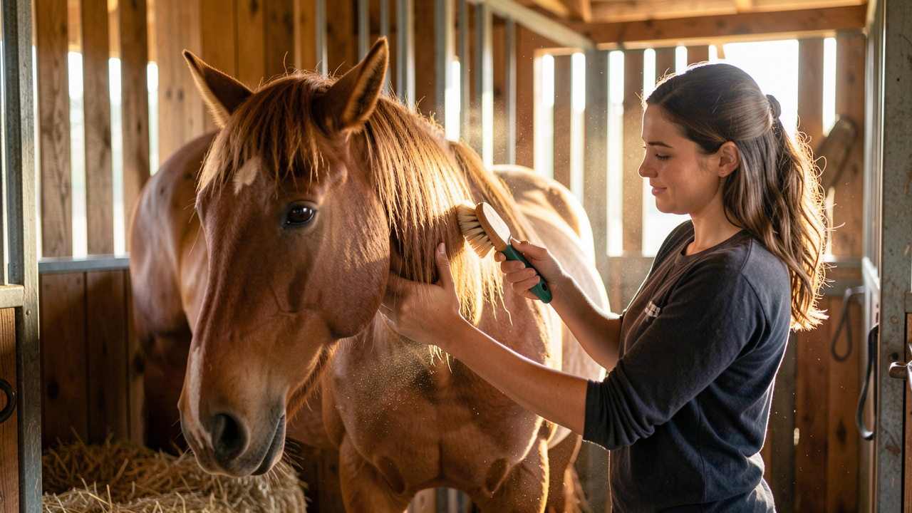 Cheval calme dans son box en écurie, une femme effectue des soins quotidiens en le brossant avec douceur sous une lumière naturelle chaleureuse.