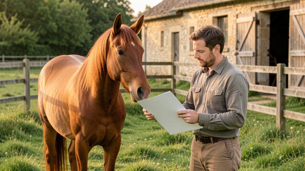 Un cheval alezan au pré se tient aux côtés de son propriétaire qui examine un dossier vierge, devant une écurie française dans une ambiance réaliste et rassurante.