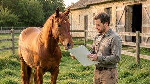 Un cheval alezan au pré se tient aux côtés de son propriétaire qui examine un dossier vierge, devant une écurie française dans une ambiance réaliste et rassurante.