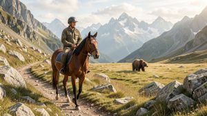 Un homme à cheval avance au pas sur un sentier de montagne pyrénéen sous la lumière douce du matin, tandis qu’un ours brun apparaît très loin dans une clairière.