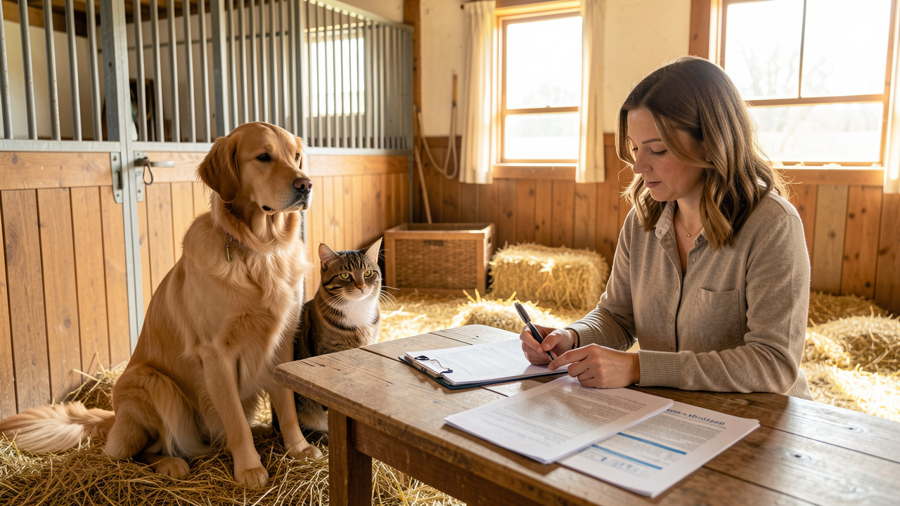 Un chien et un chat assis dans une écurie lumineuse, tandis qu’une propriétaire consulte des documents vétérinaires et d’assurance sur une table en bois.