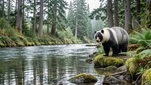 Un ours noir au pelage blanc se tient au bord d’une rivière claire dans une forêt pluviale côtière de Colombie-Britannique, entouré de fougères, de mousses et de grands cèdres.
