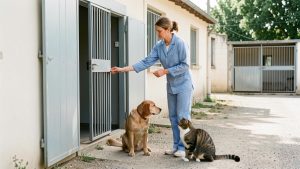 Une soigneuse ouvre doucement un box propre dans un refuge animalier français, avec un chien et un chat calmes, baignés par la lumière naturelle estivale.