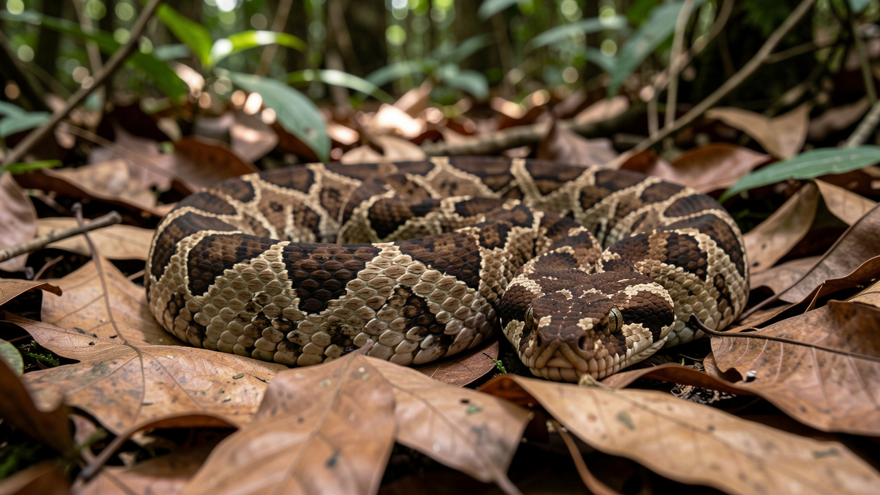 Vipère du Gabon immobile parmi des feuilles mortes dans une forêt tropicale, avec des motifs dorsaux bruns et crème éclairés par une lumière douce filtrée par la canopée.