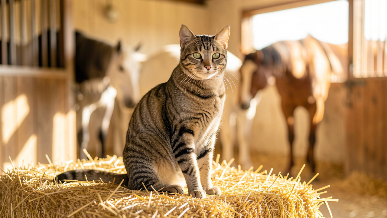Chat européen tigré assis calmement sur une botte de foin dans une écurie lumineuse, avec des chevaux flous et paisibles en arrière-plan.