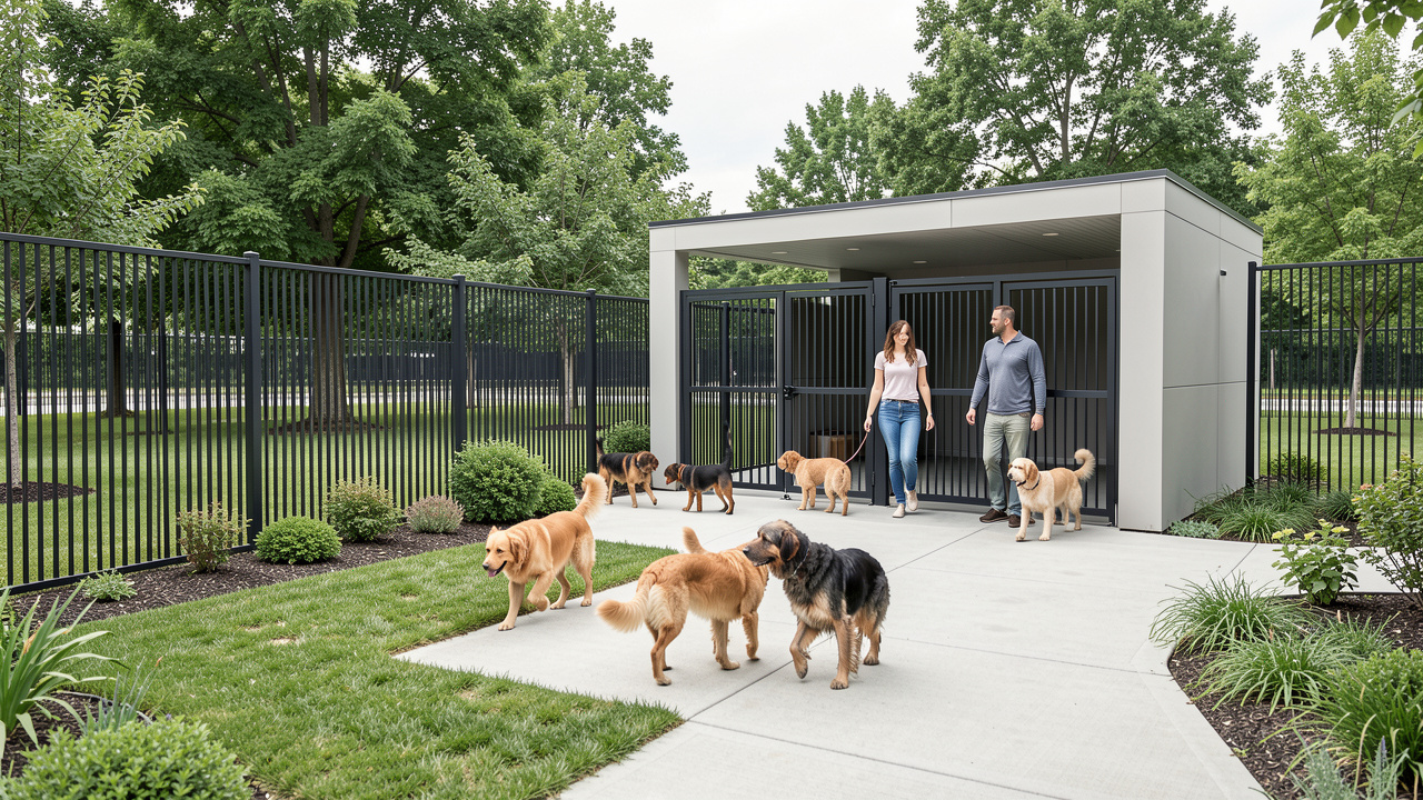 Parc canin moderne et sécurisé avec une clôture haute, un double sas d’entrée, plusieurs chiens de tailles variées et une femme ainsi qu’un homme les accompagnant à la lumière naturelle.